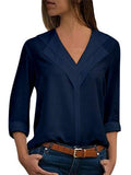 Women Pure Color V-neck Long Sleeve Chiffon Blouse