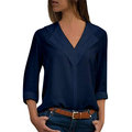 Women Pure Color V-neck Long Sleeve Chiffon Blouse