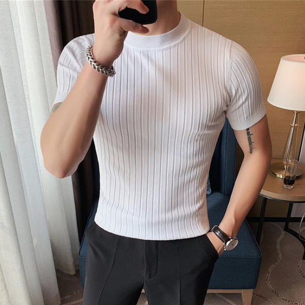 Brand Men high grade solid color stripe knit T-shirt