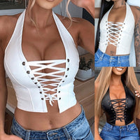 Summer Slim Render Short Top Sexy Women Bandage Sleeveless Croptops Tank Tops Sexy Women Leather Hollow Out Crop Vest Tops