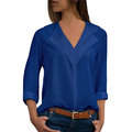 Women Pure Color V-neck Long Sleeve Chiffon Blouse