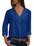 Women Pure Color V-neck Long Sleeve Chiffon Blouse