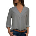 Women Pure Color V-neck Long Sleeve Chiffon Blouse
