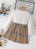 Girls Spliced Plaid Tie Waist Dress