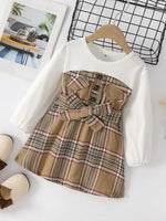 Girls Spliced Plaid Tie Waist Dress