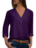 Women Pure Color V-neck Long Sleeve Chiffon Blouse