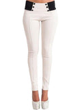 Women Slim Stretchy Button Patchwork Casual Pencil Trousers