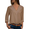 Women Pure Color V-neck Long Sleeve Chiffon Blouse