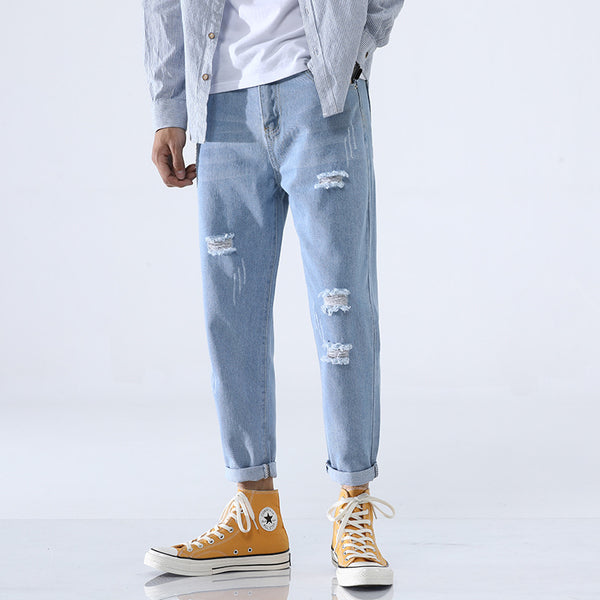 Light Blue Skinny Men Streetwear Pencil Denim Jean Pants