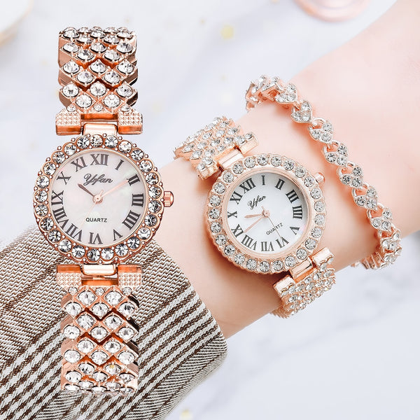 Luxury Women Rose Gold Watch + Bracelet Set
