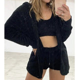 Fluffy Hooded Coat+Shorts+Crop Top Women Tracksuit Sets