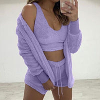 Fluffy Hooded Coat+Shorts+Crop Top Women Tracksuit Sets