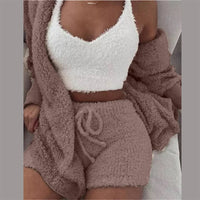 Fluffy Hooded Coat+Shorts+Crop Top Women Tracksuit Sets