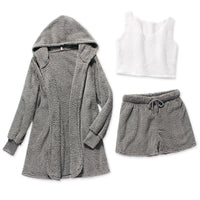 Fluffy Hooded Coat+Shorts+Crop Top Women Tracksuit Sets