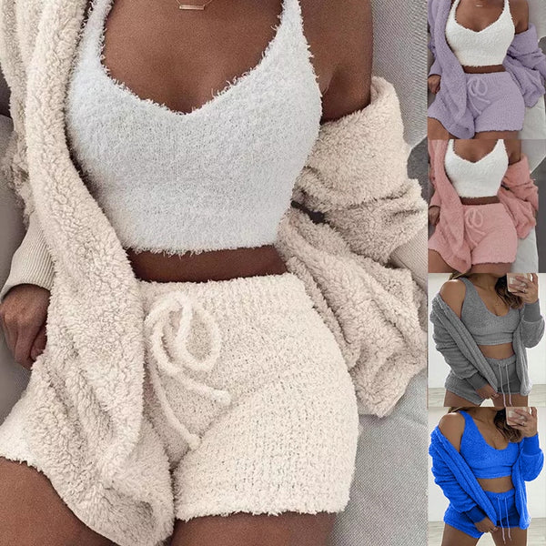 Fluffy Hooded Coat+Shorts+Crop Top Women Tracksuit Sets