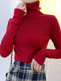 ZOKI New Women Pullover Turtleneck Sweater Autumn Long Sleeve Slim Elastic Korean Simple Basic Cheap Jumper Solid Color Top