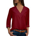 Women Pure Color V-neck Long Sleeve Chiffon Blouse