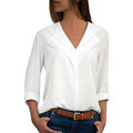 Women Pure Color V-neck Long Sleeve Chiffon Blouse