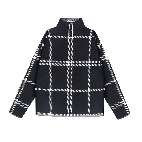 Plaid Turtleneck Loose Knit Sweater