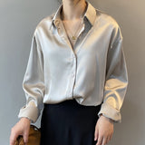 Women Long Sleeve Button Up Satin Silk Vintage Blouse Shirt