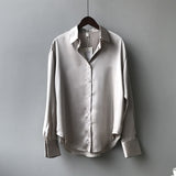 Women Long Sleeve Button Up Satin Silk Vintage Blouse Shirt