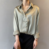 Women Long Sleeve Button Up Satin Silk Vintage Blouse Shirt