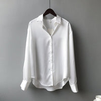 Women Long Sleeve Button Up Satin Silk Vintage Blouse Shirt