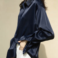 Women Long Sleeve Button Up Satin Silk Vintage Blouse Shirt